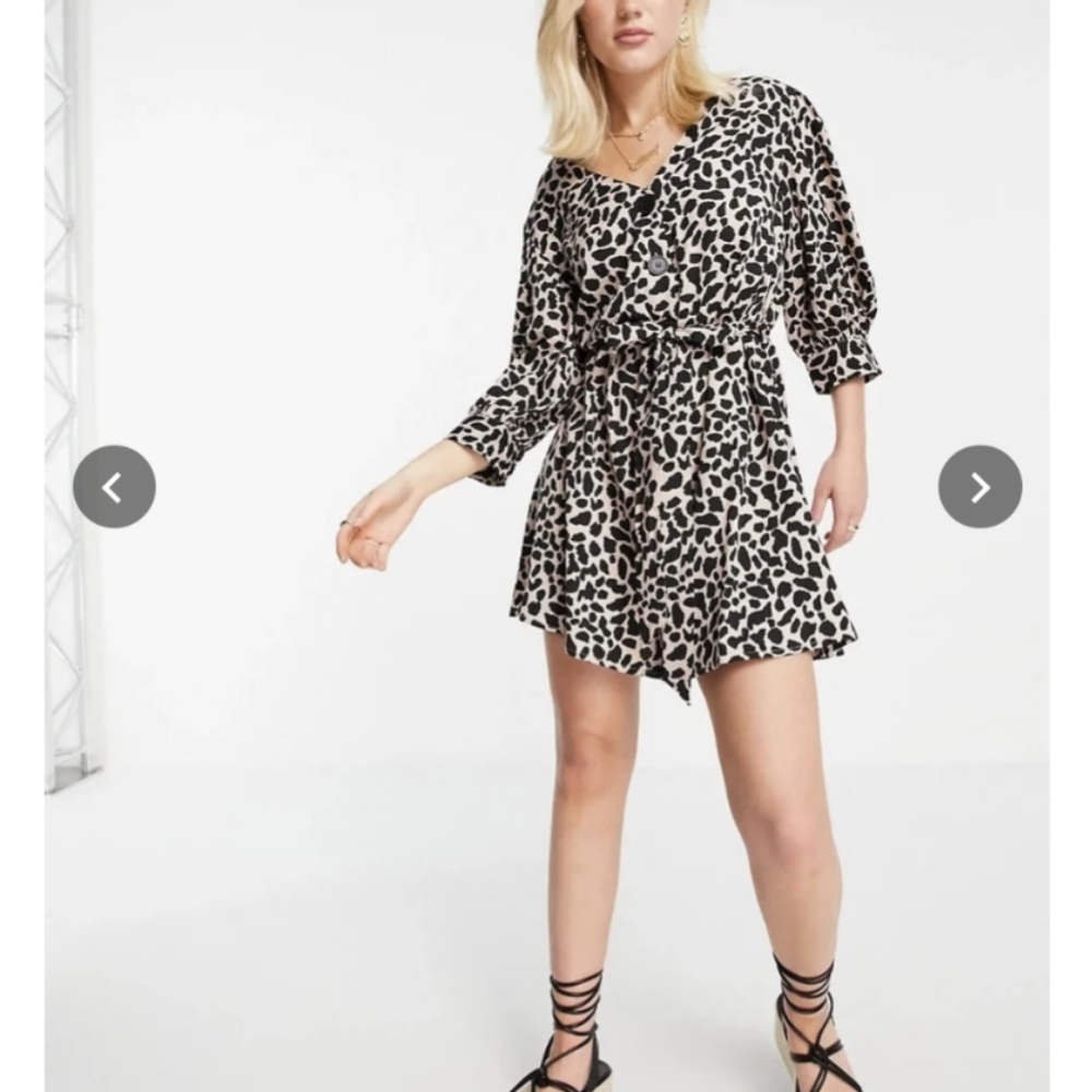 NWT Belted Mini Dress with Puff Sleeves Dalmatian Print